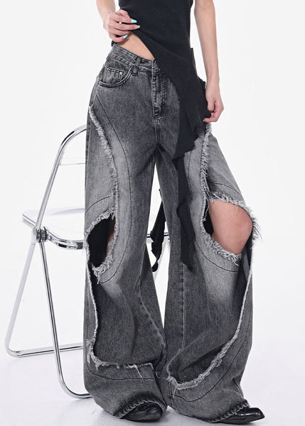 Pockets Modern Hole Fall Denim Gray Pants Waist High Dark FashionChic
