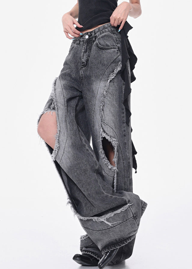 Pockets Modern Hole Fall Denim Gray Pants Waist High Dark FashionChic