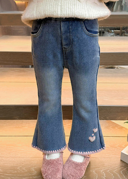 Modern Denim Blue Love Pockets Warm Fleece Girls Crop Flared Pants Spring TV004