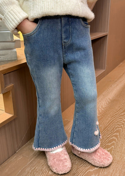 Modern Denim Blue Love Pockets Warm Fleece Girls Crop Flared Pants Spring TV004
