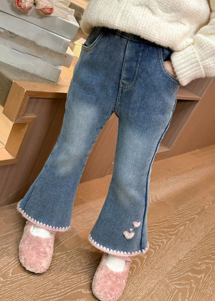Modern Denim Blue Love Pockets Warm Fleece Girls Crop Flared Pants Spring TV004