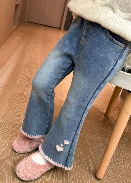 Modern Denim Blue Love Pockets Warm Fleece Girls Crop Flared Pants Spring TV004