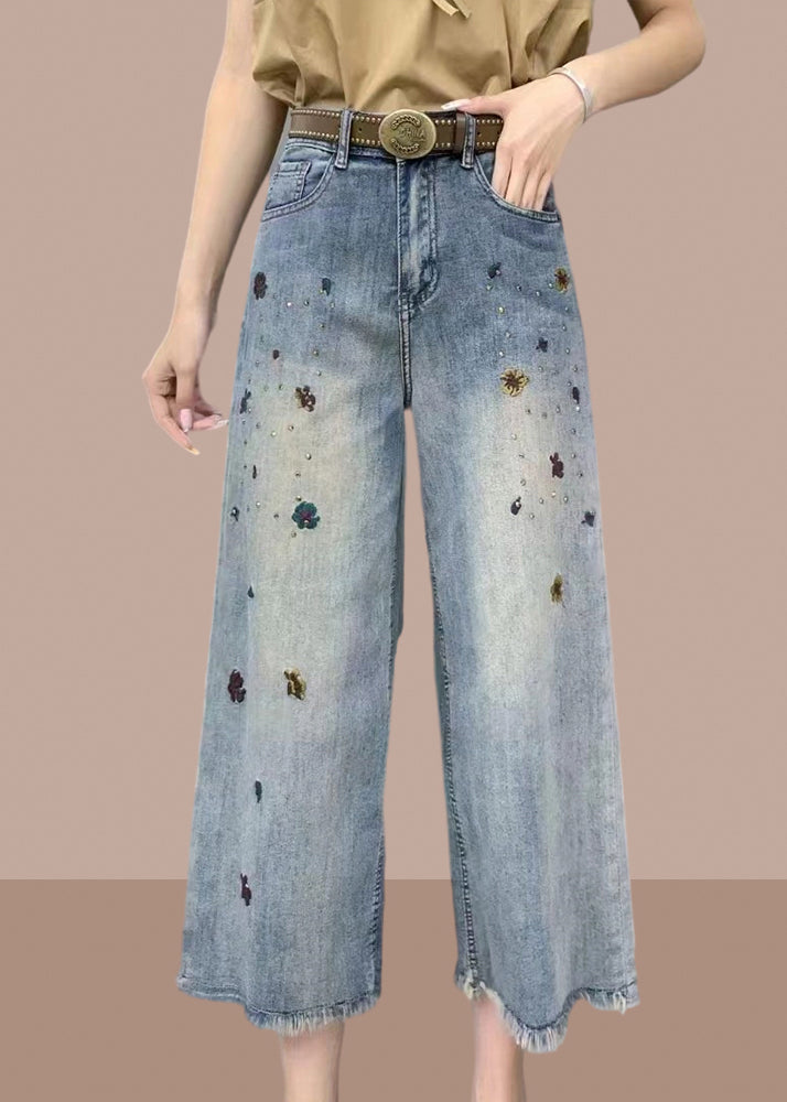 Modern Denim Blue Pockets High Waist Crop Wide Leg Pants Summer GH1015 Ada Fashion