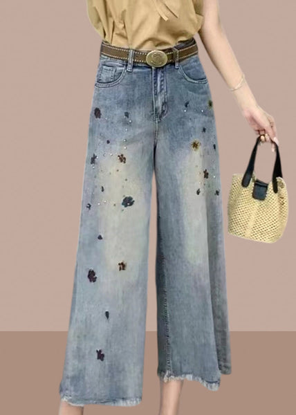 Modern Denim Blue Pockets High Waist Crop Wide Leg Pants Summer GH1015 Ada Fashion