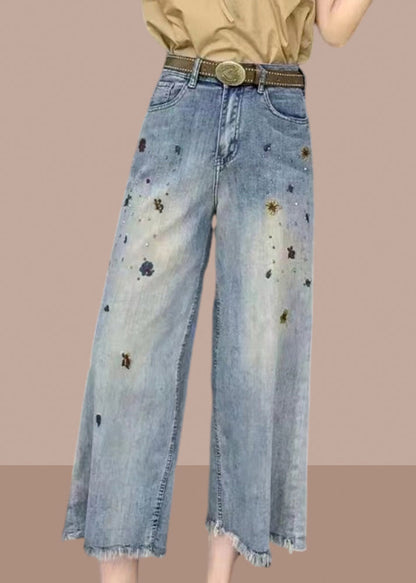 Modern Denim Blue Pockets High Waist Crop Wide Leg Pants Summer GH1015 Ada Fashion
