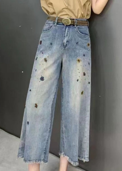 Modern Denim Blue Pockets High Waist Crop Wide Leg Pants Summer GH1015 Ada Fashion