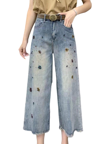 Modern Denim Blue Pockets High Waist Crop Wide Leg Pants Summer GH1015 Ada Fashion
