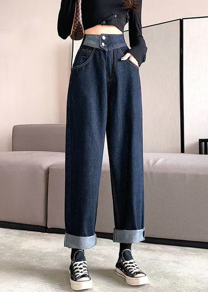 Modern Denim Blue Pockets High Waist Pants Fall QT040 OL-LPTS241001