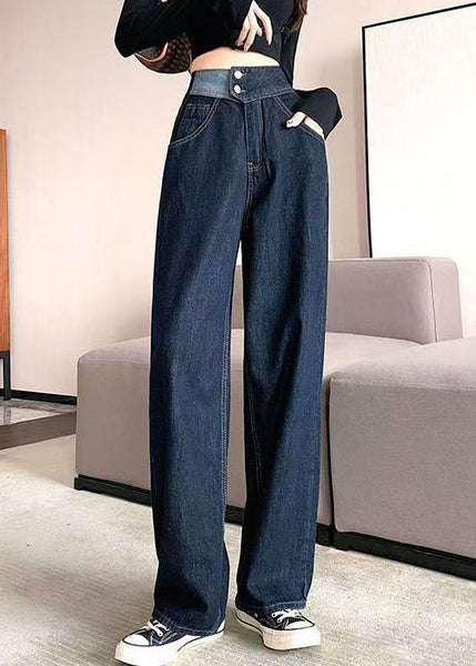 Modern Denim Blue Pockets High Waist Pants Fall QT040 OL-LPTS241001
