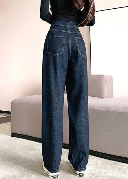 Modern Denim Blue Pockets High Waist Pants Fall QT040 OL-LPTS241001