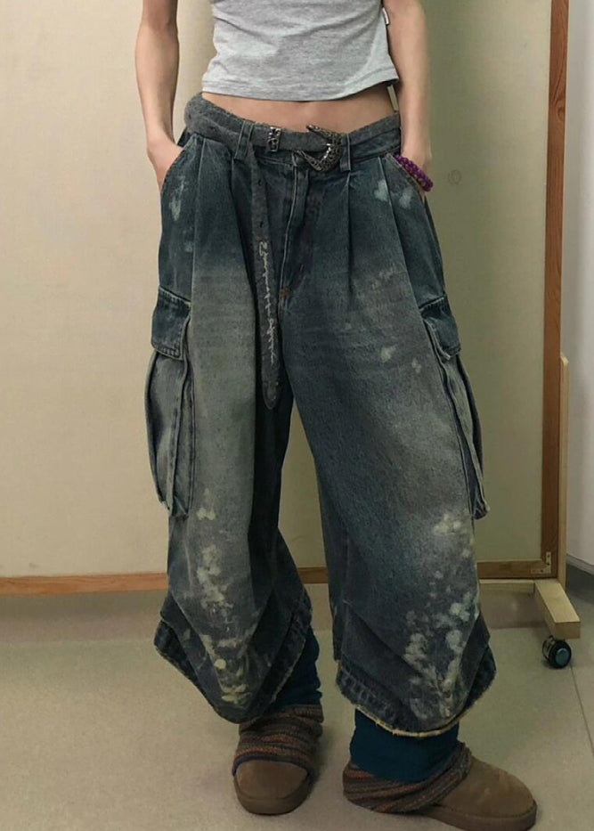 Modern Denim Blue Pockets High Waist Patchwork Crop Pants Fall QF043 Men-CPTS241016