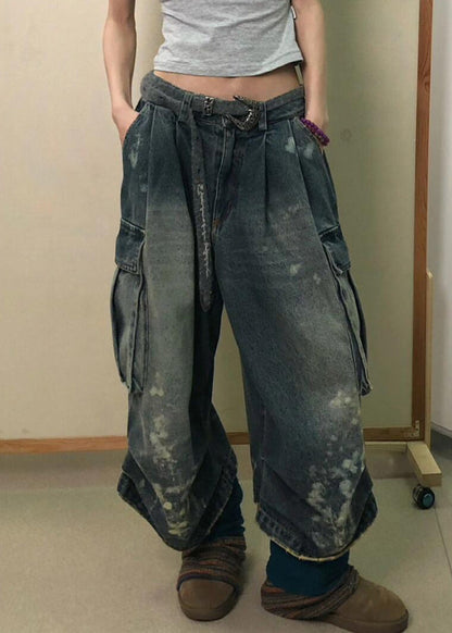 Modern Denim Blue Pockets High Waist Patchwork Crop Pants Fall QF043 Men-CPTS241016