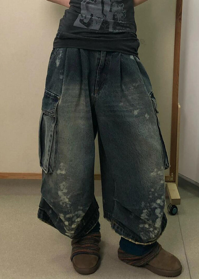 Modern Denim Blue Pockets High Waist Patchwork Crop Pants Fall QF043 Men-CPTS241016