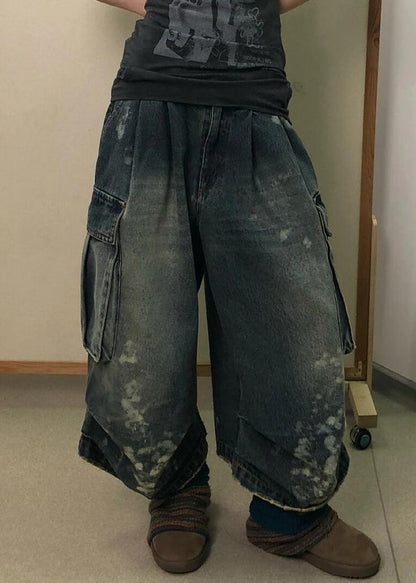 Modern Denim Blue Pockets High Waist Patchwork Crop Pants Fall QF043 Men-CPTS241016