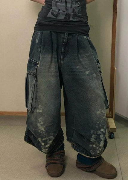 Modern Denim Blue Pockets High Waist Patchwork Crop Pants Fall QF043 Men-CPTS241016