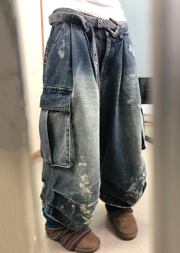 Modern Denim Blue Pockets High Waist Patchwork Crop Pants Fall QF043 Men-CPTS241016