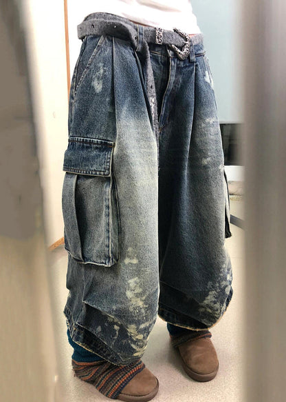 Modern Denim Blue Pockets High Waist Patchwork Crop Pants Fall QF043 Men-CPTS241016