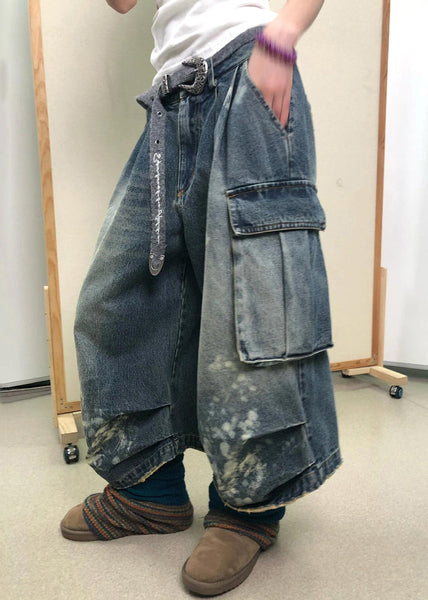 Modern Denim Blue Pockets High Waist Patchwork Crop Pants Fall QF043 Men-CPTS241016