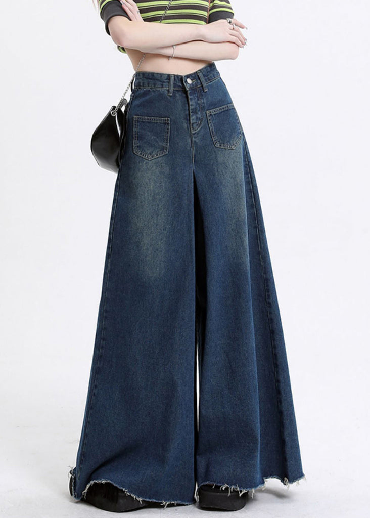 Modern Denim Blue Pockets High Waist Wide Leg Pants Fall AW1002 OM-NZ240827