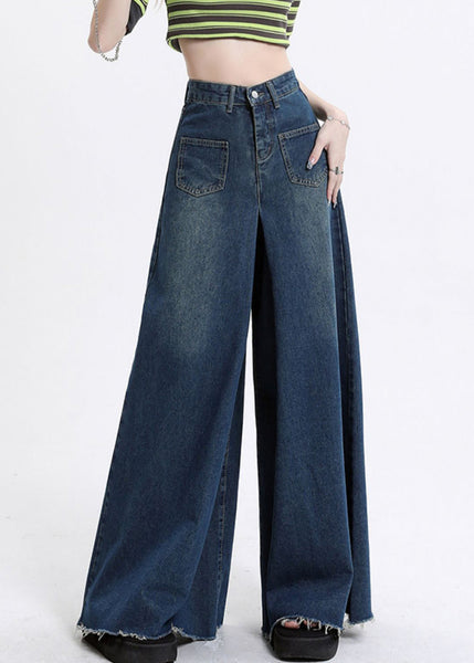 Modern Denim Blue Pockets High Waist Wide Leg Pants Fall AW1002 OM-NZ240827