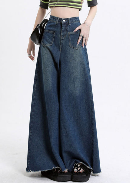 Modern Denim Blue Pockets High Waist Wide Leg Pants Fall AW1002 OM-NZ240827