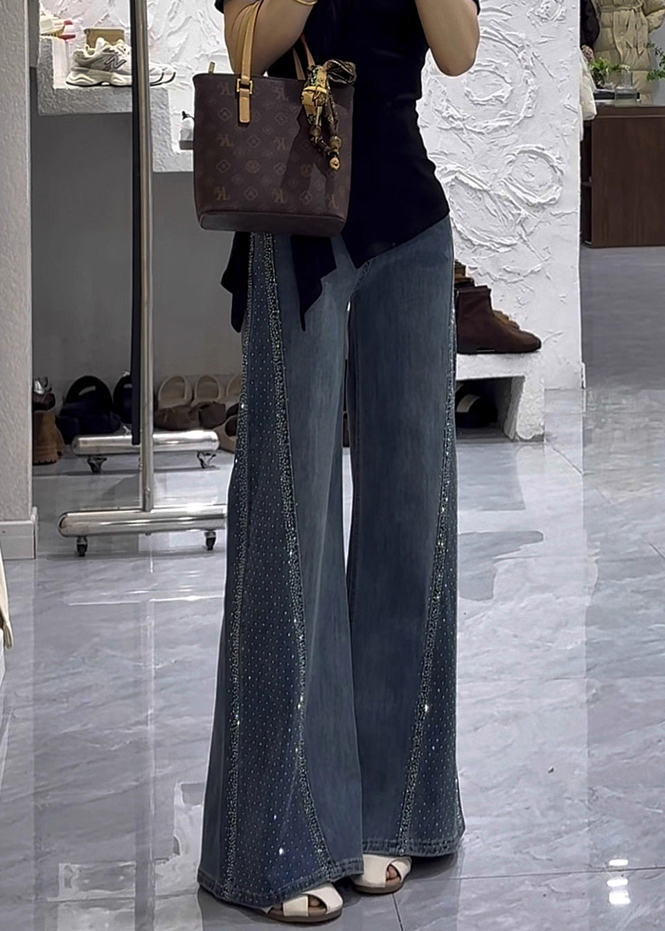 Trousers Blue Zircon Modern Waist Flared High Fall Denim FashionChic
