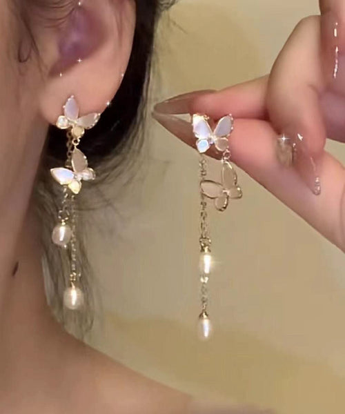 Modern Pearl Alloy Copper Drop Tassel Earrings Gold Butterfly FashionChic