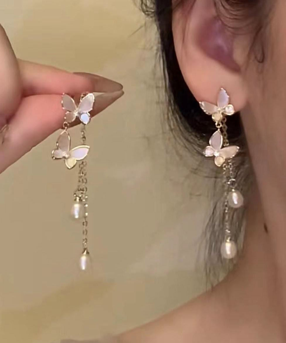 Modern Pearl Alloy Copper Drop Tassel Earrings Gold Butterfly FashionChic