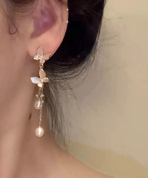 Modern Pearl Alloy Copper Drop Tassel Earrings Gold Butterfly FashionChic