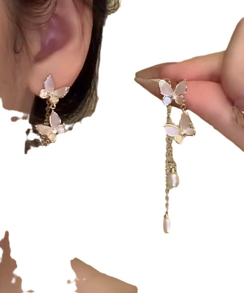 Modern Pearl Alloy Copper Drop Tassel Earrings Gold Butterfly FashionChic
