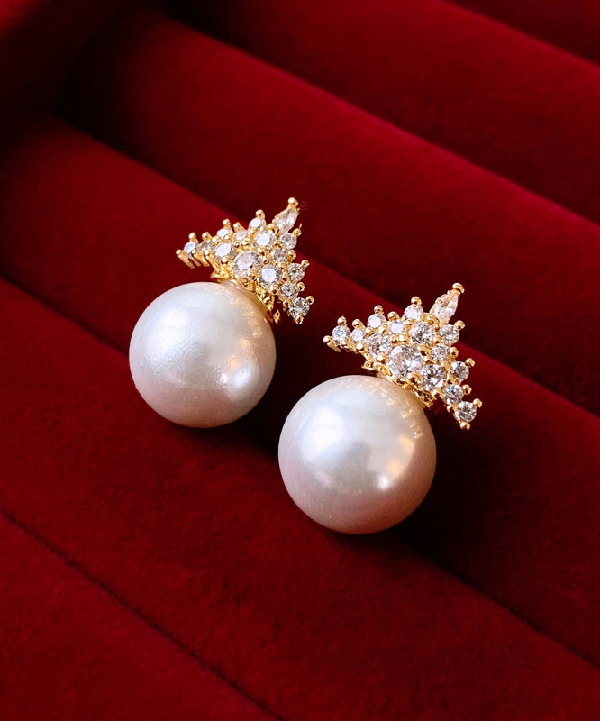 Modern Gold Copper Alloy Zircon Crown Pearl Stud Earrings WZ009 ABC