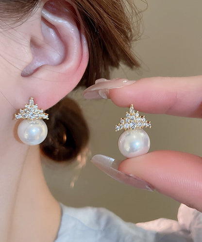 Modern Gold Copper Alloy Zircon Crown Pearl Stud Earrings WZ009 ABC