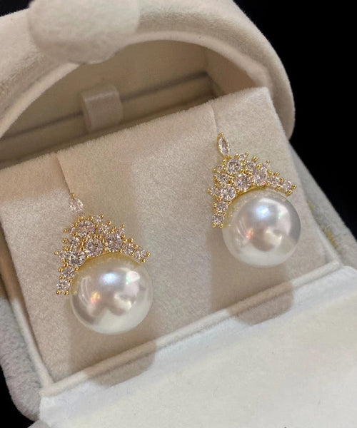 Modern Gold Copper Alloy Zircon Crown Pearl Stud Earrings WZ009 ABC