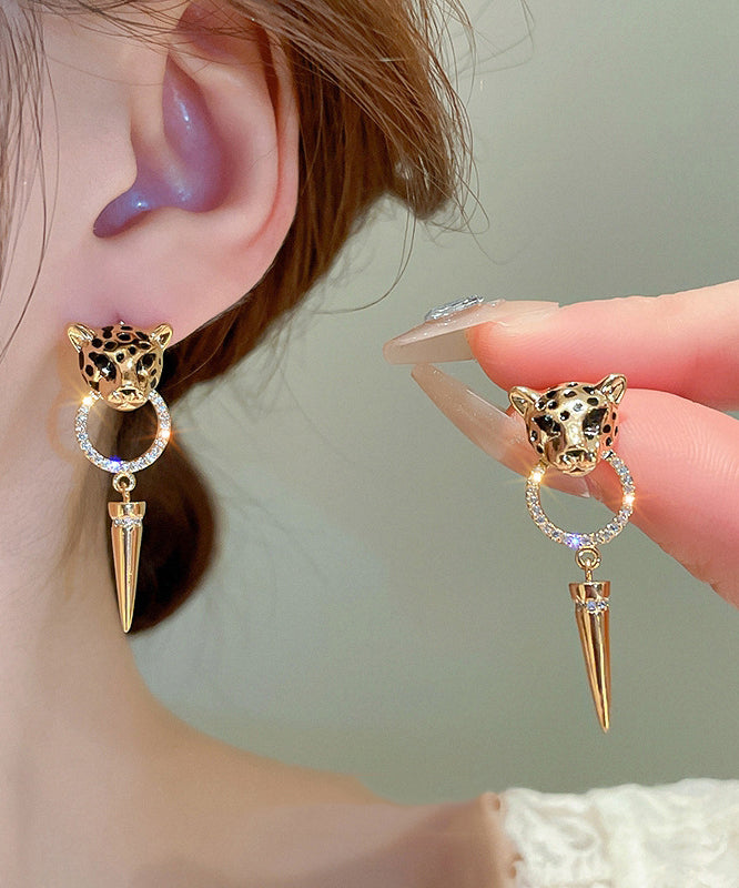 Modern Gold Metal Overgild Zircon Leopard Head Cone Tassel Drop Earrings ZZ029 JEW-EAR240613