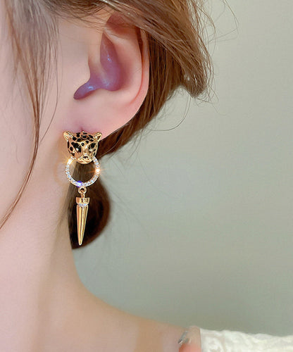 Modern Gold Metal Overgild Zircon Leopard Head Cone Tassel Drop Earrings ZZ029 JEW-EAR240613