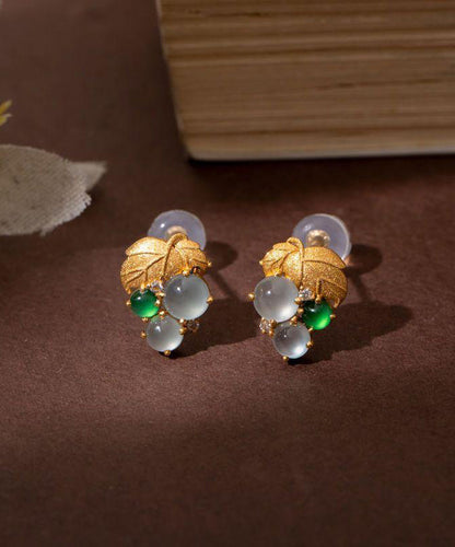 Earrings Gold Stud Overgild Sterling Silver Jade Grape Modern FashionChic
