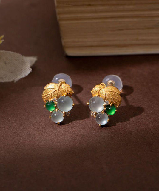 Earrings Gold Stud Overgild Sterling Silver Jade Grape Modern FashionChic