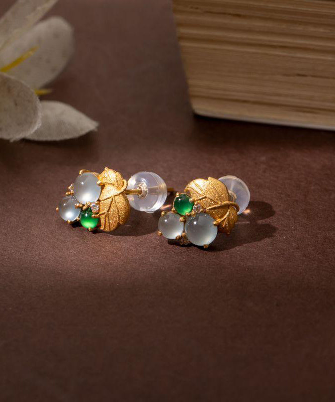Earrings Gold Stud Overgild Sterling Silver Jade Grape Modern FashionChic