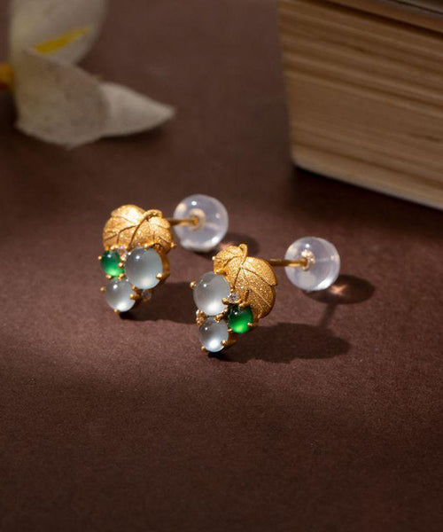 Earrings Gold Stud Overgild Sterling Silver Jade Grape Modern FashionChic