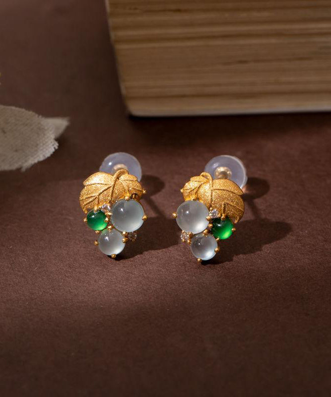 Earrings Gold Stud Overgild Sterling Silver Jade Grape Modern FashionChic