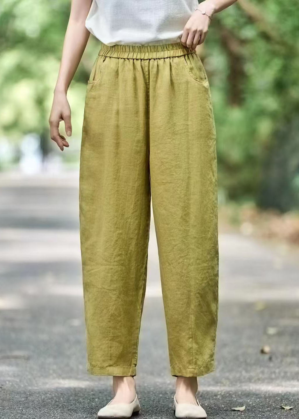 Modern Pants Linen Oversized Green Grass Elastic Waist Harem FashionChic
