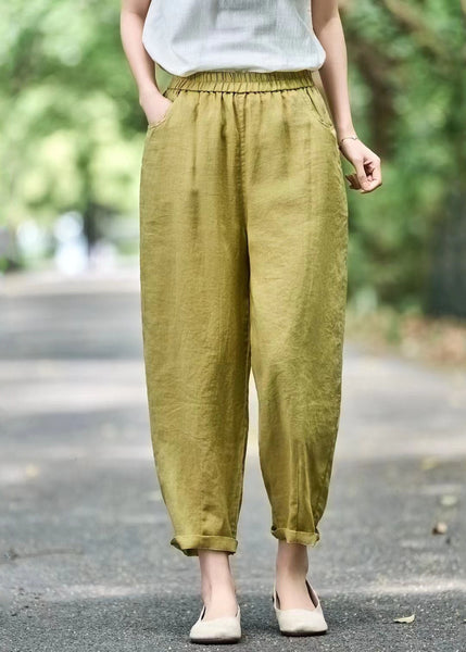 Modern Pants Linen Oversized Green Grass Elastic Waist Harem FashionChic