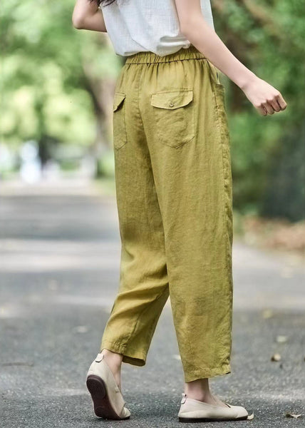 Modern Pants Linen Oversized Green Grass Elastic Waist Harem FashionChic