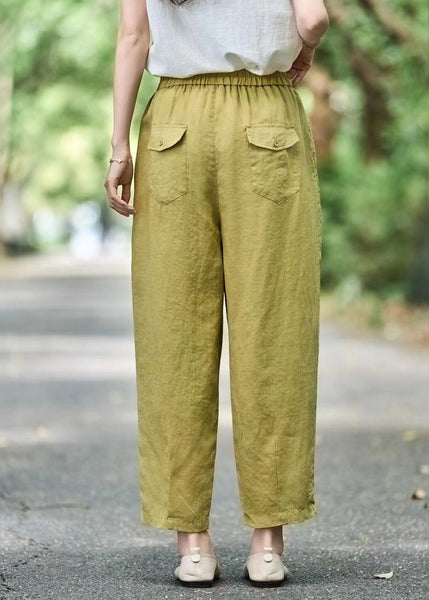 Modern Pants Linen Oversized Green Grass Elastic Waist Harem FashionChic