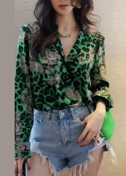 Modern Green Leopard Chiffon Top Fall Blouse Print FashionChic