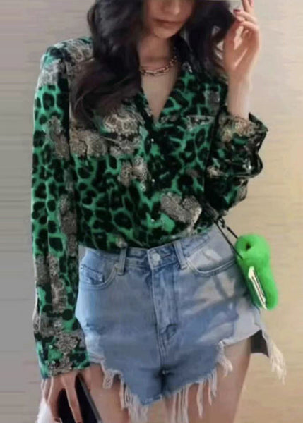 Modern Green Leopard Chiffon Top Fall Blouse Print FashionChic