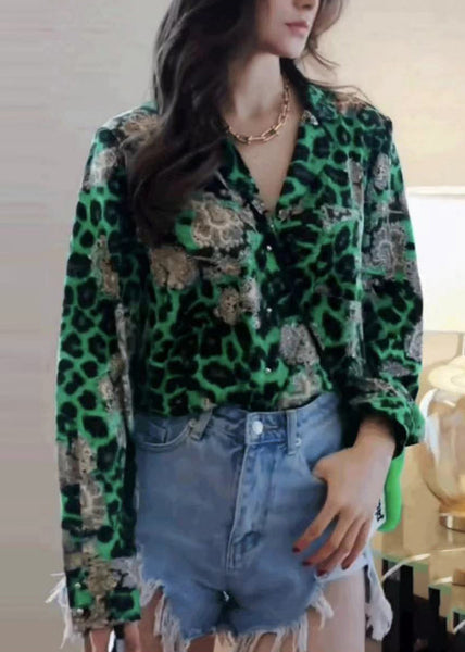 Modern Green Leopard Chiffon Top Fall Blouse Print FashionChic