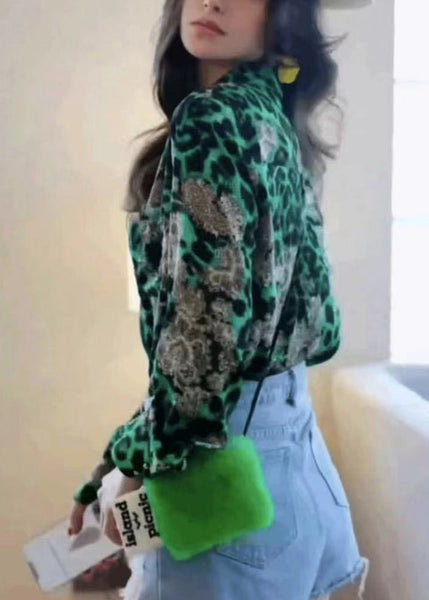 Modern Green Leopard Chiffon Top Fall Blouse Print FashionChic