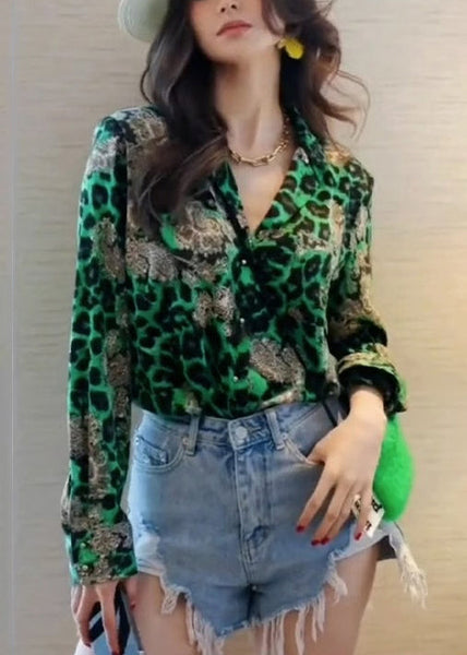 Modern Green Leopard Chiffon Top Fall Blouse Print FashionChic
