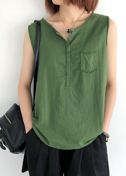 Linen Green Modern Sleeveless O-Neck Tops FashionChic